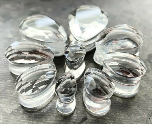 PAIR of Stunning Faceted Clear Glass Teardrop / Tear Drop Double Flare Plugs - Gauges 0g (8mm) up to 1" (25mm) available!