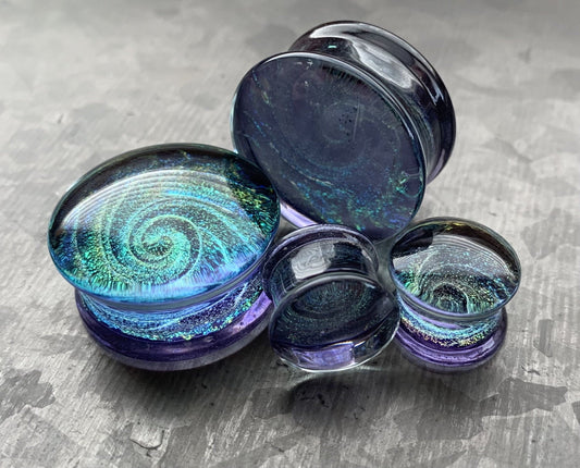 PAIR of Beautiful Lavender Sparkle Galaxy Swirl Design Pyrex Glass Plugs - Gauges 2g (6mm) through 1" (25mm) available!