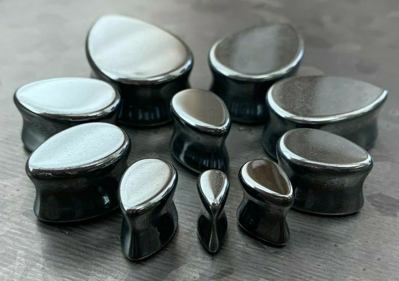 PAIR of Unique Hematite Organic Teardrop / Tear Drop Stone Double Flare Plugs - Gauges 2g (6mm) up to 1" (25mm) available!