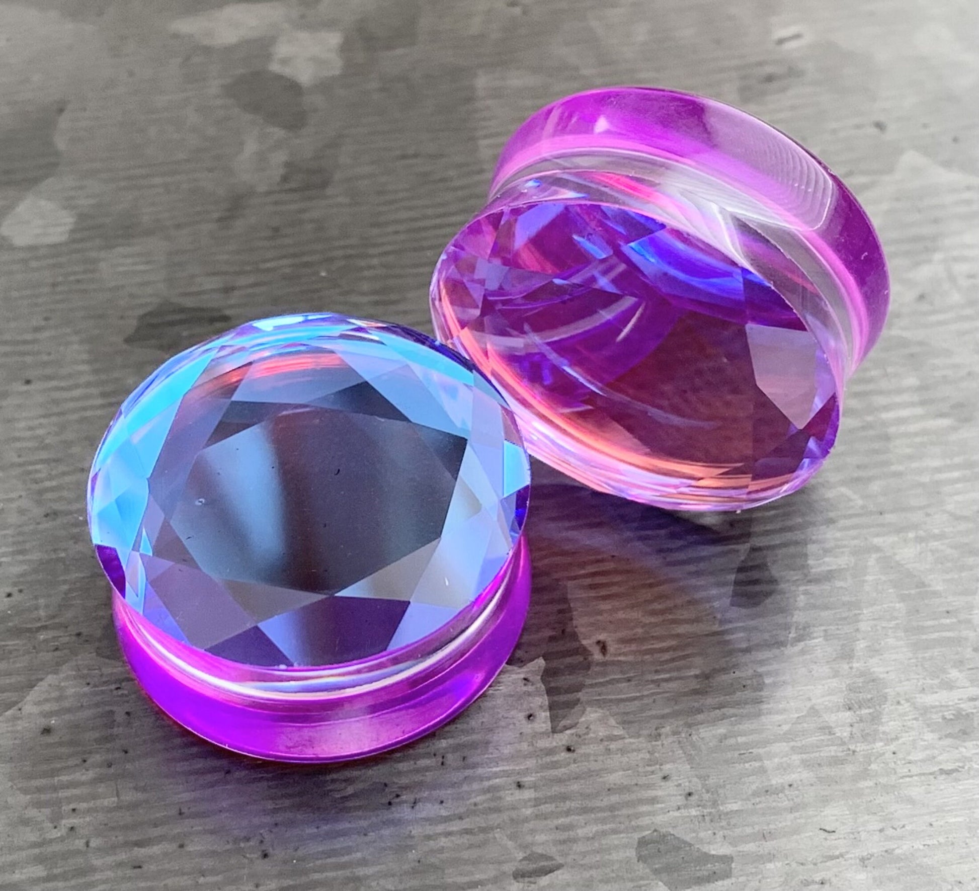PAIR of Stunning Faceted Mermaid Iridescent Glass Double Flare Plugs - Gauges 2g (6.5mm) thru 1" (25mm) available!