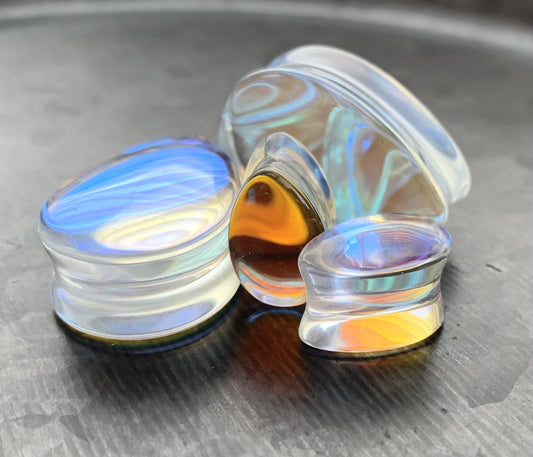 PAIR of Stunning Luminous Moonstone Iridescent Glass Teardrop Double Flare Plugs - Gauges 2g (6.5mm) thru 1"(25mm) available!