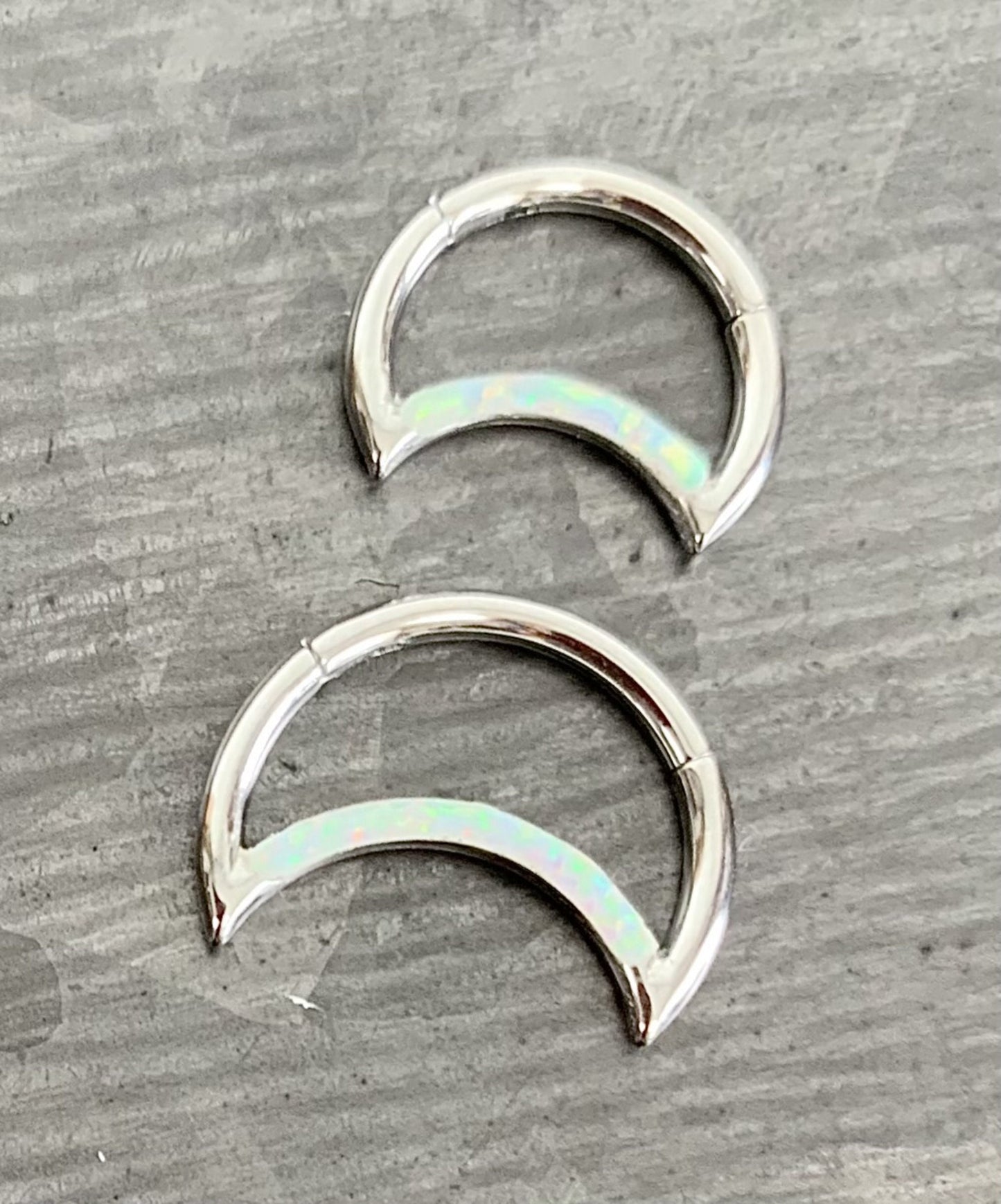 1 Piece Stunning Crescent Moon Opal Steel Front Hinged Segment Ring -16g - Choose 8mm or 10mm - Can be used for Septum, Helix & Daith!