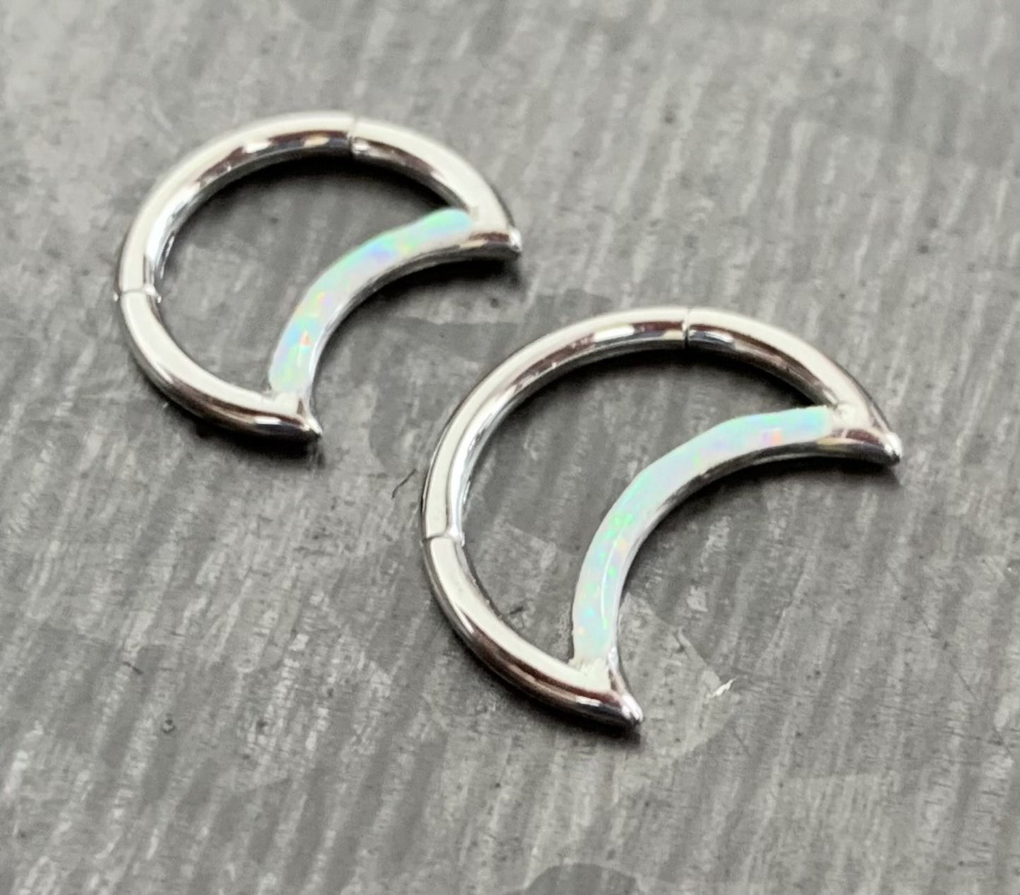 1 Piece Stunning Crescent Moon Opal Steel Front Hinged Segment Ring -16g - Choose 8mm or 10mm - Can be used for Septum, Helix & Daith!
