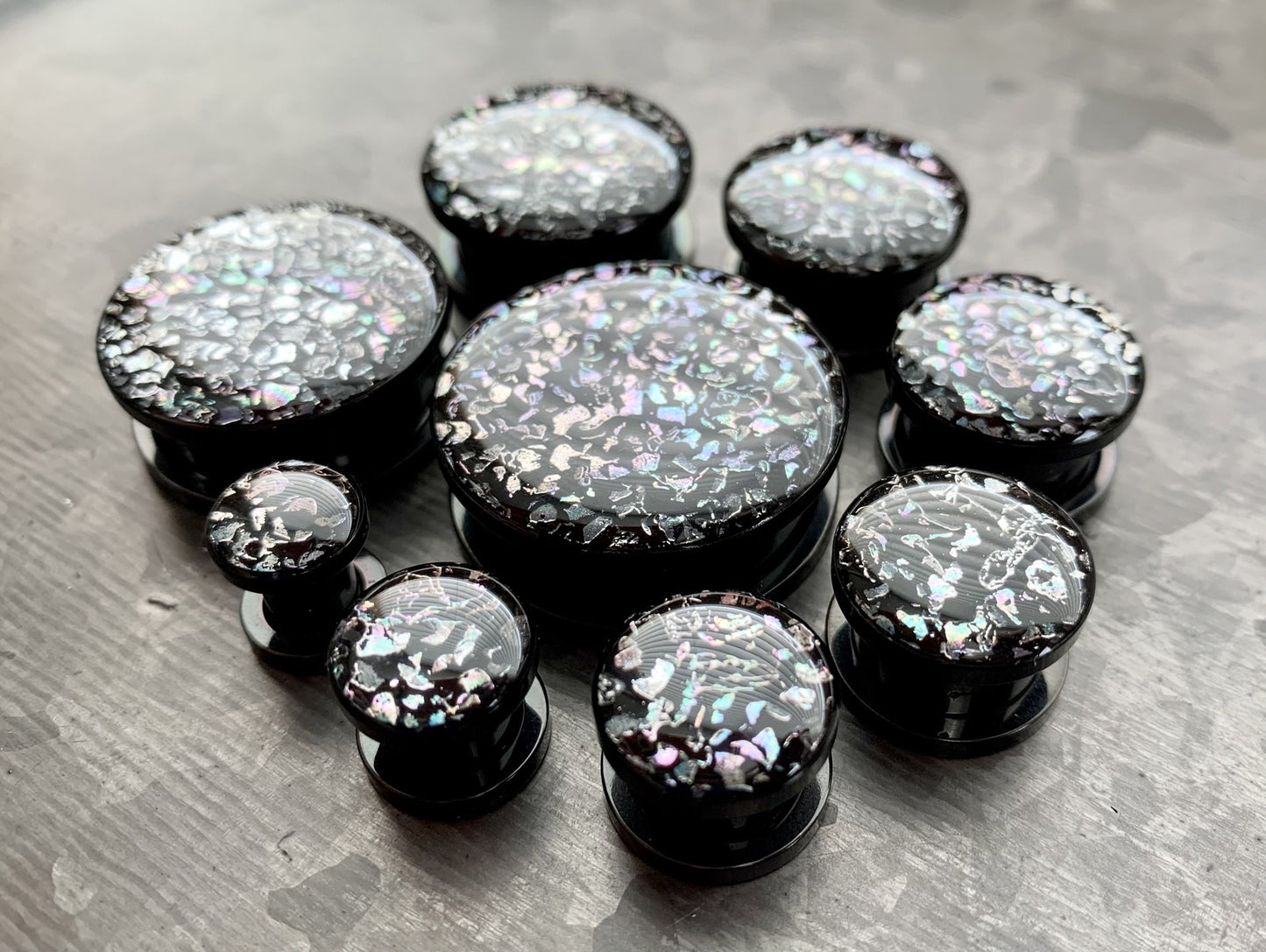 PAIR of Unique Rainbow Fossil Stainless Steel Black Screw Fit Tunnels / Plugs - Gauges 2g (6mm) thru 1" (25mm) available!