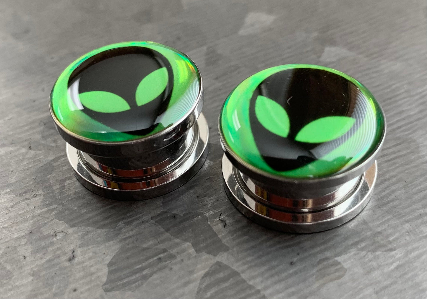 PAIR of Unique Hologram Alien Screw Fit Surgical Steel Tunnels/Plugs - Gauges 2g (6mm) thru 5/8" (16mm) available!