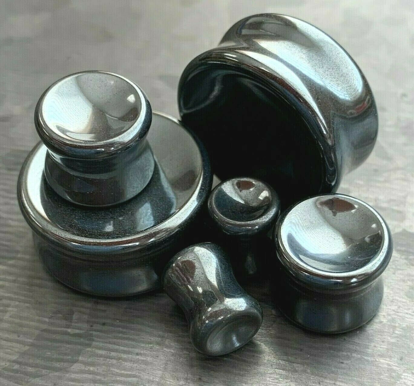 PAIR of Beautiful Concave Hematite Organic Stone Double Flare Plugs - Gauges 2g (6mm) up to 1" (25mm) available!