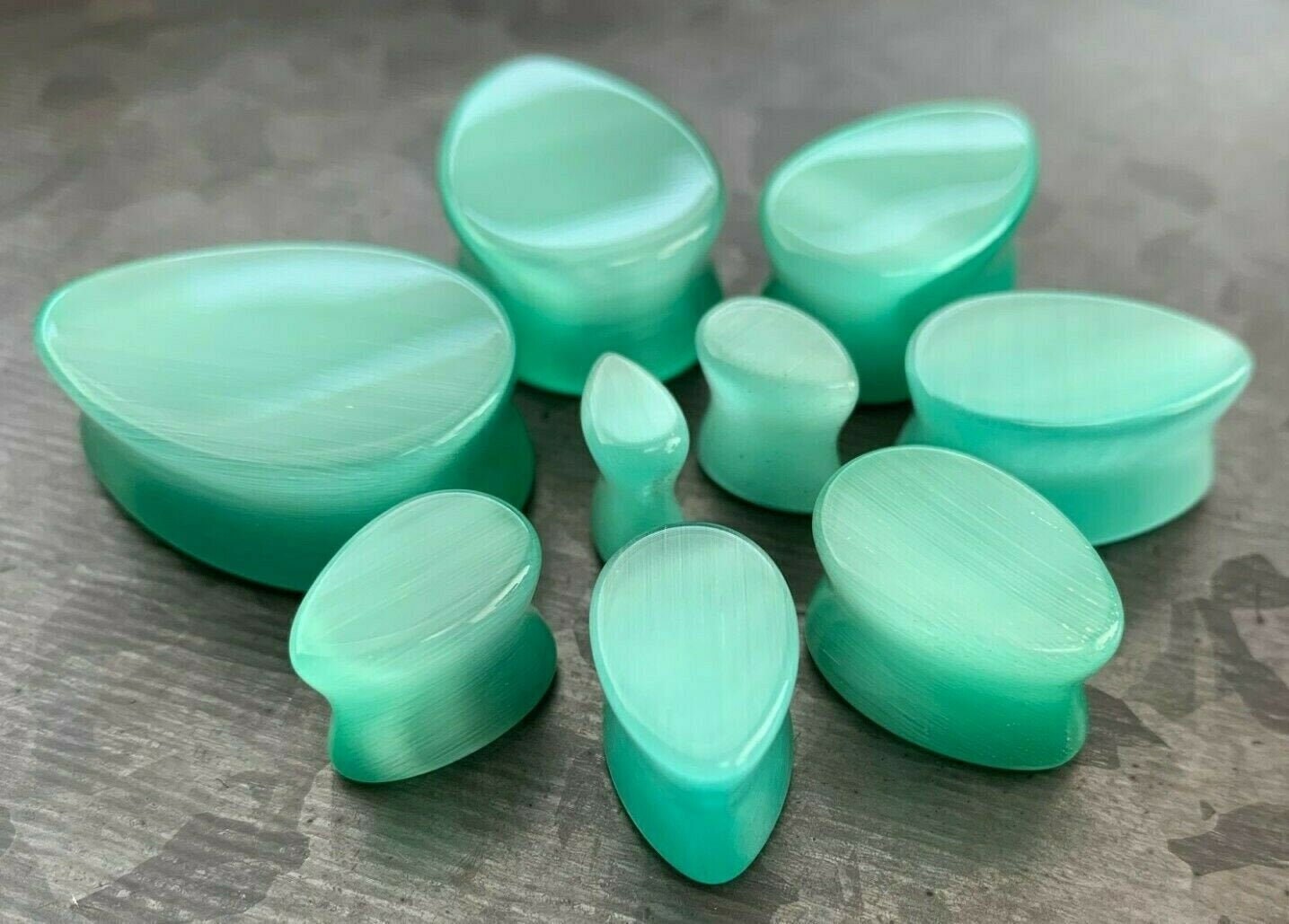 PAIR of Unique Sea Foam Green Cat Eye Stone Double Flare Teardrop Plugs - Gauges 2g (6mm) up to 1" (25mm) available!