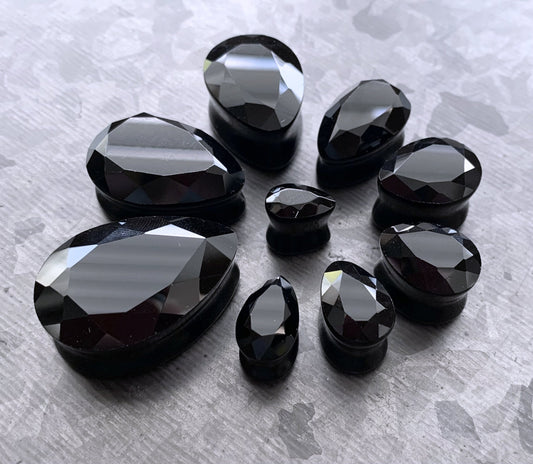 PAIR of Unique Faceted Black Glass Teardrop / Tear Drop Double Flare Plugs - Gauges 0g (8mm) up to 1" (25mm) available!