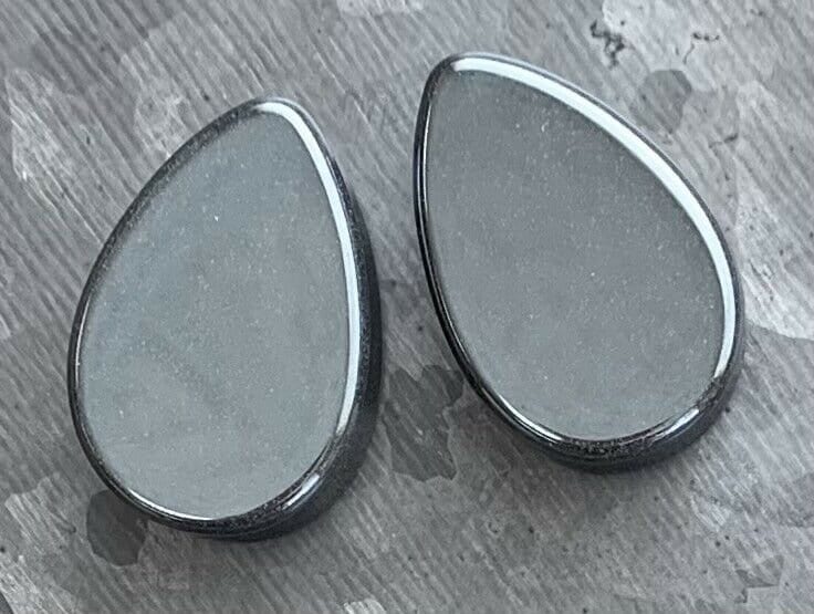 PAIR of Unique Hematite Organic Teardrop / Tear Drop Stone Double Flare Plugs - Gauges 2g (6mm) up to 1" (25mm) available!