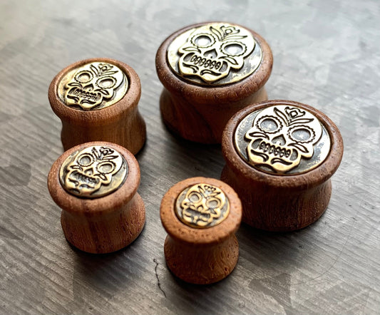 PAIR of Unique Organic Sono Wood Antique Gold Sugar Skull Shield Saddle Plugs - Gauges 0g (8mm) up to 5/8" (16mm) available!