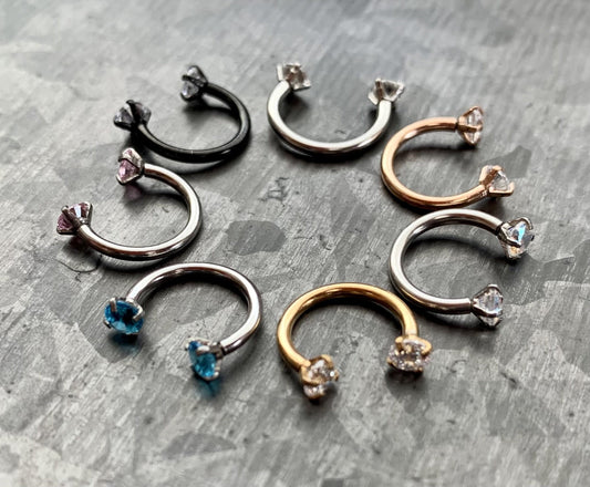 1pc Beautiful Internally Threaded Prong Set Gems Circular Horseshoe Barbell - 16g Septum, Helix Ring - You Choose Your Color!