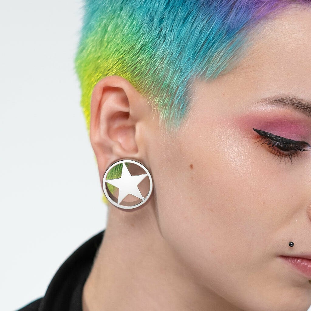 PAIR of Stunning Surgical Steel Star Screw Fit Tunnels / Plugs - Silver or Black - Gauges 2g (6mm) thru 1" (25mm) available!