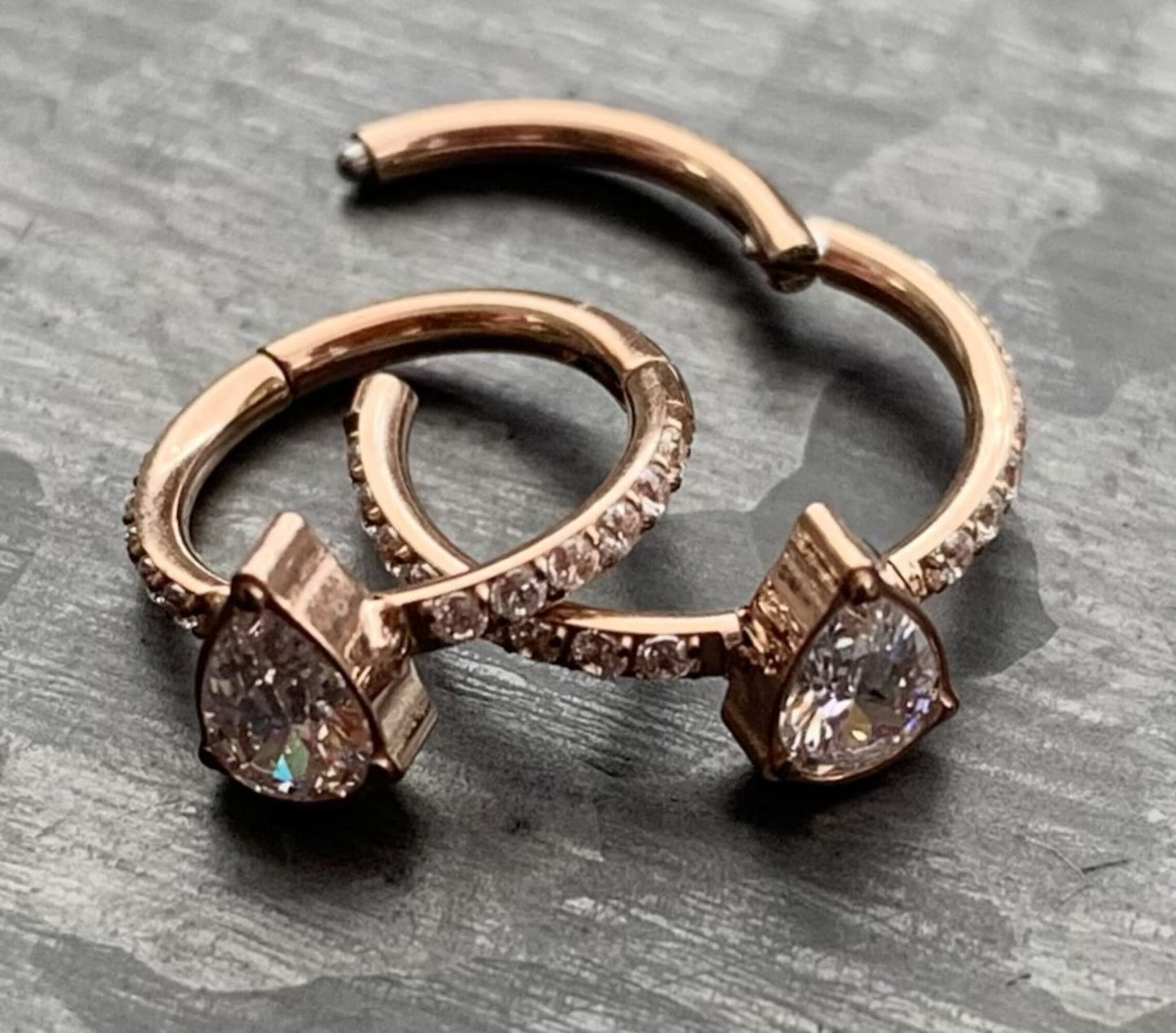 1pc Implant Grade Titanium CZ Gem Teardrop w/ Paved Sides Hinged Segment Septum Ring - 16g - 10mm, 8mm - Silver ,Gold & Rose Gold available!