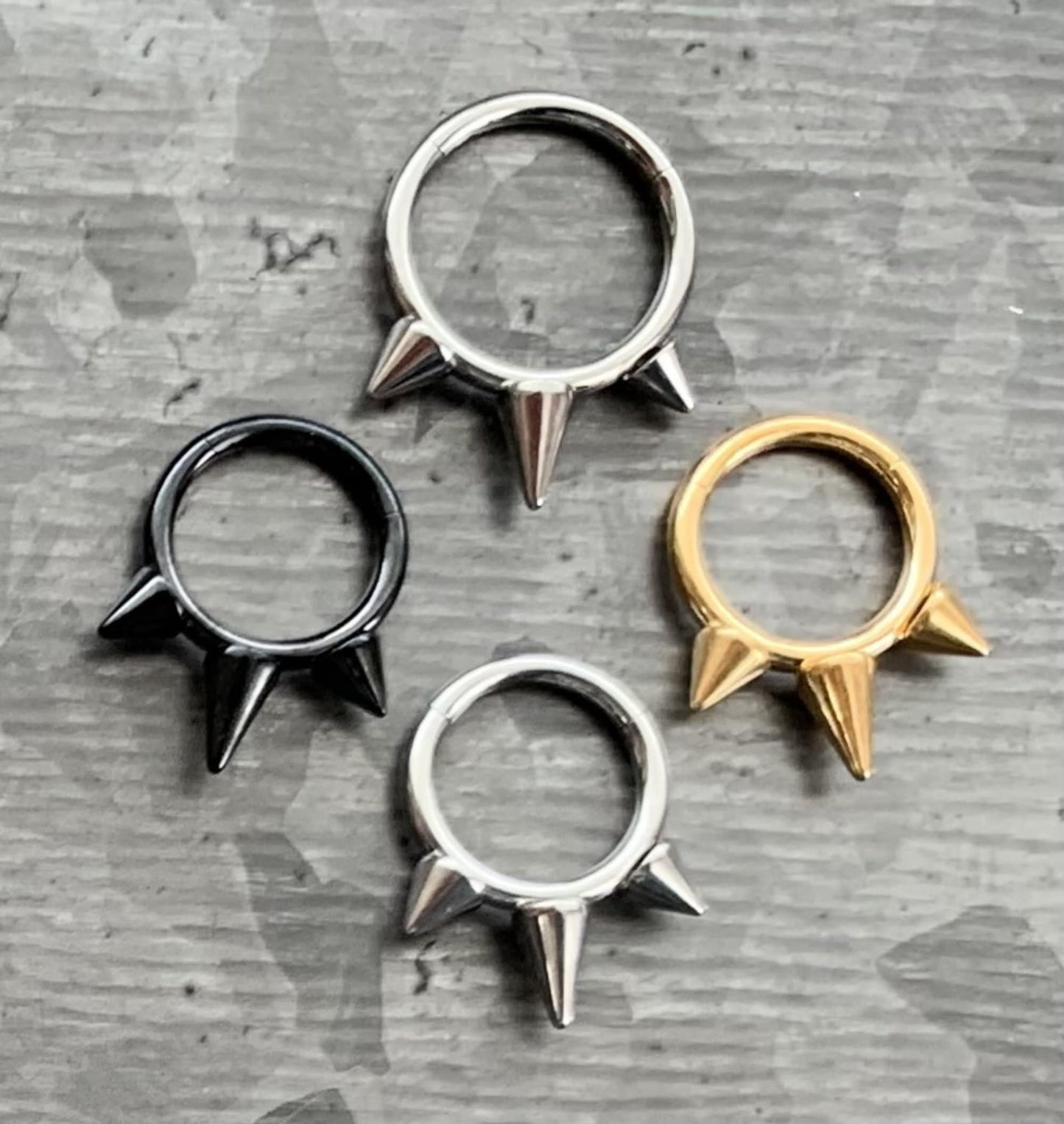 1 Piece Implant Grade Titanium Three Spikes Hinged Segment Septum Ring in 10mm or 8mm - Silver, Gold & Black available!
