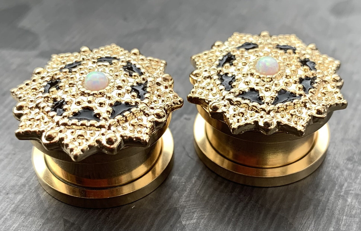 PAIR of Unique Opal Center Tribal Shield Top 14kt Gold Plated Steel Screw Fit Tunnels/Plugs - Gauges 8g (3mm) thru 5/8" (16mm) available!