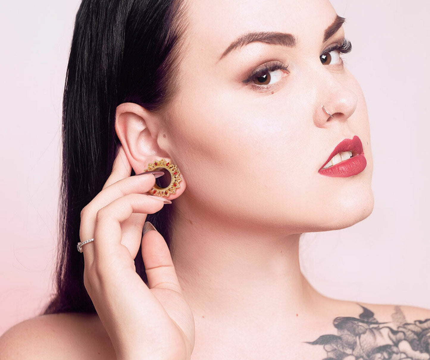 PAIR of Stunning Tribal Lotus Flower with CZ Gem Petals Screw Fit Tunnels/Plugs - Silver or Gold - Gauges 2g (6mm) thru 1"(25mm) available!