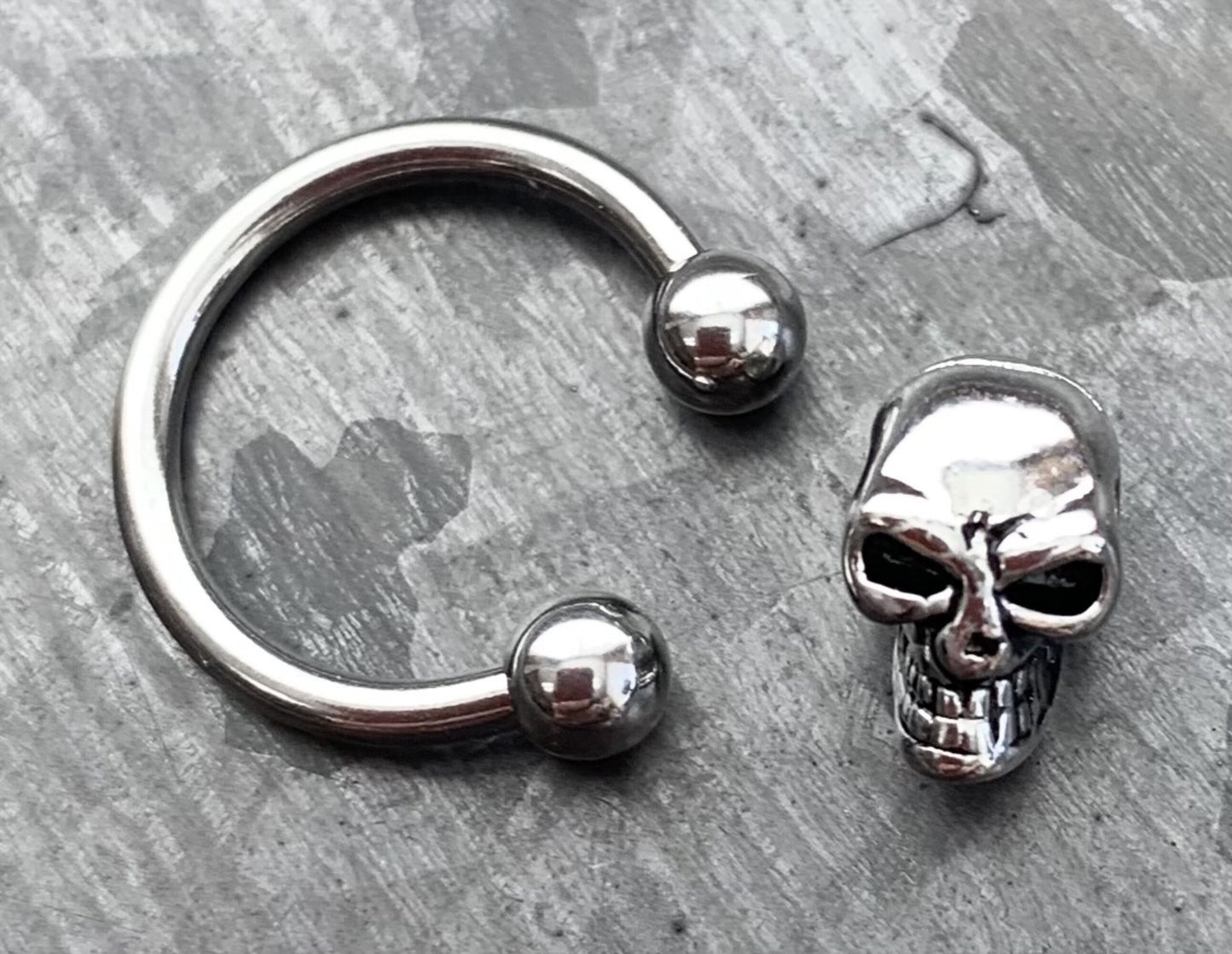 1 Piece Unique Skull 316L Surgical Steel Captive Bead Ring / Circular Barbell - Gauges 14g or 16g with a 1/2" internal diameter!