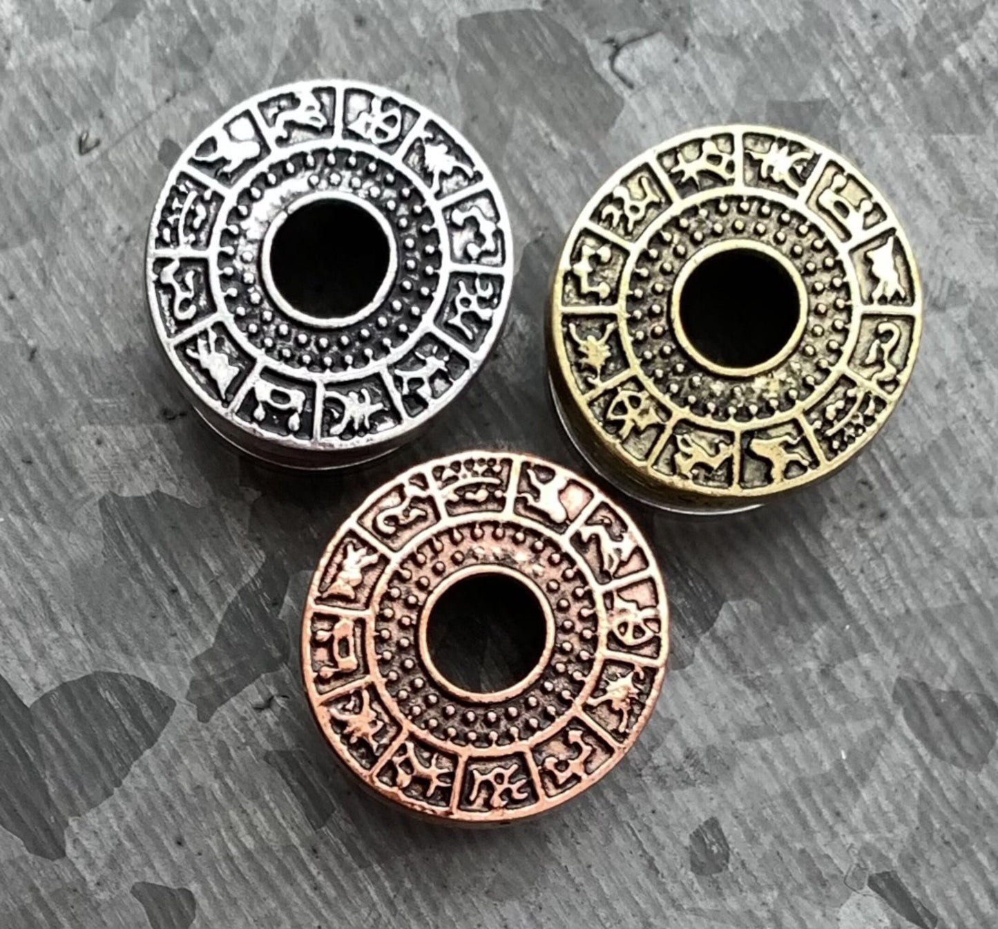 PAIR of Unique Gold, Silver or Bronze Zodiac Signs Top Steel Screw Fit Tunnels/Plugs - Gauges 4g (5mm) thru 5/8" (16mm) available!