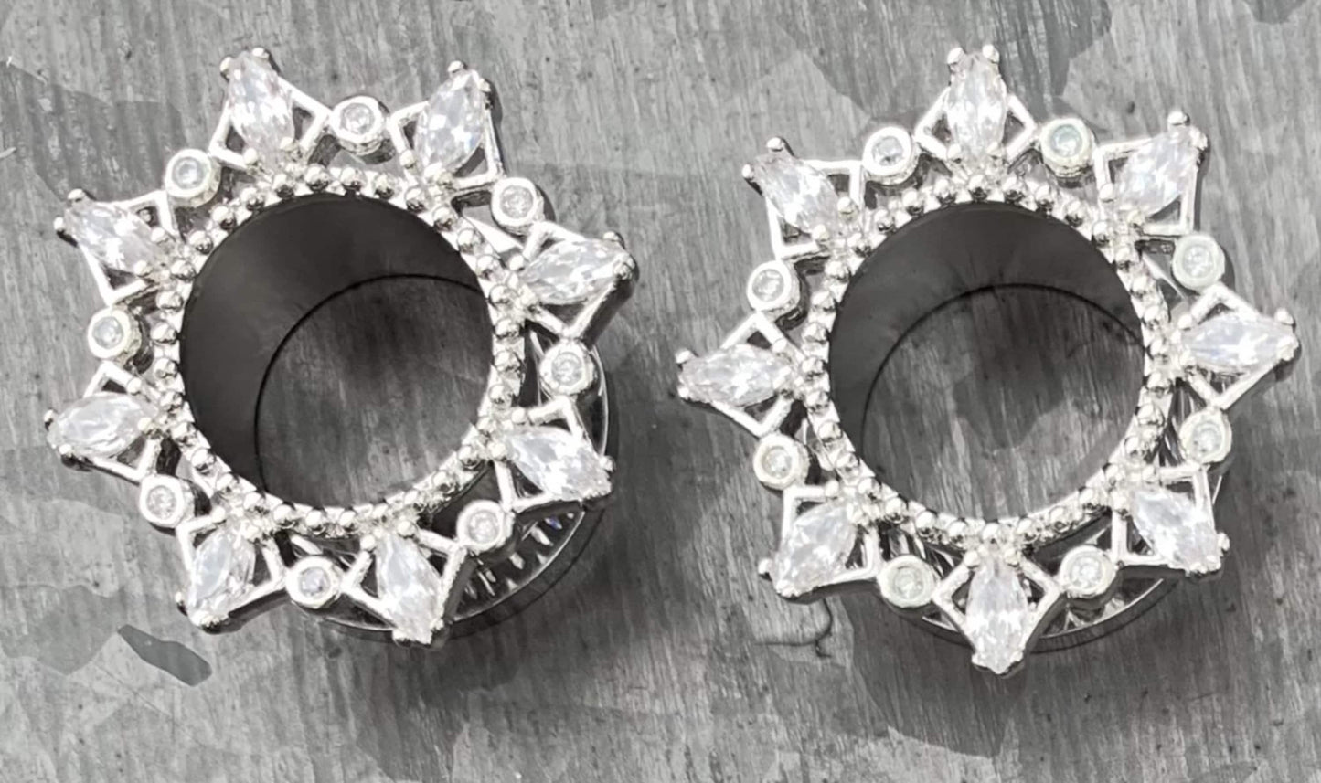 PAIR of Unique Marquise CZ Gem Filgree Steel Screw Fit Tunnels/Plugs - Gauges 2g (6mm) thru 5/8" (16mm) available!
