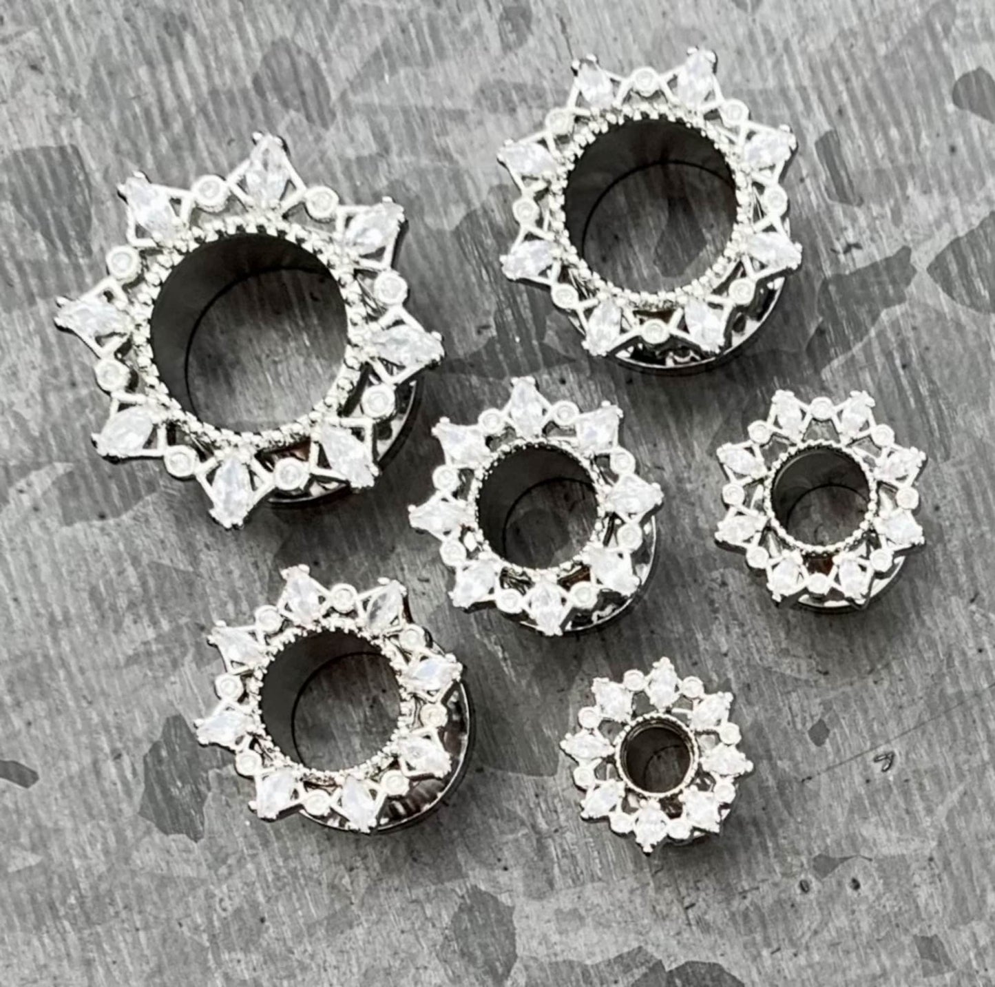 PAIR of Unique Marquise CZ Gem Filgree Steel Screw Fit Tunnels/Plugs - Gauges 2g (6mm) thru 5/8" (16mm) available!
