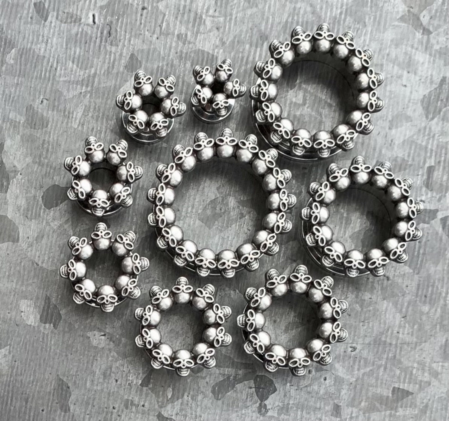 PAIR of Unique Skull Rimmed Screw Fit Stainless Steel Tunnels / Plugs - Gauges 2g (6mm) thru 1" (25mm) available!