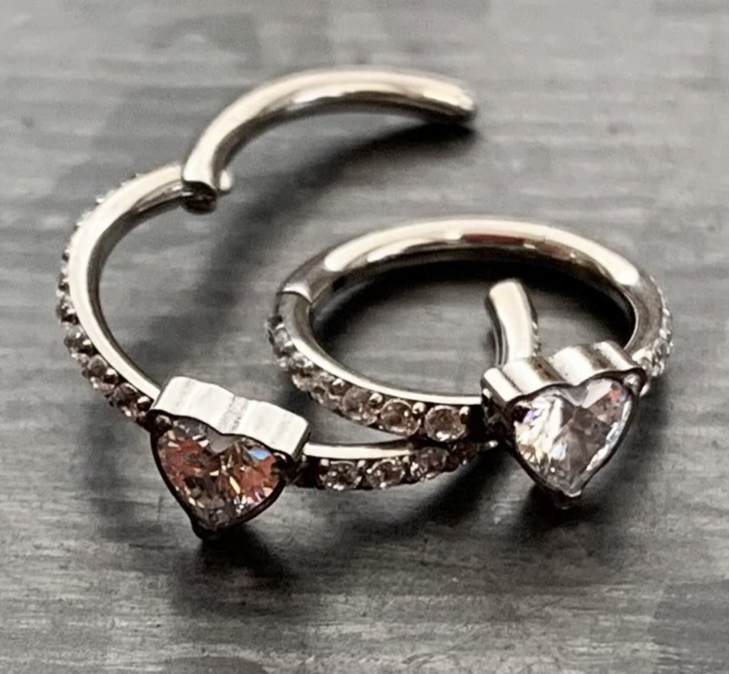 1pc Implant Grade Titanium CZ Gem Heart w/ Paved Sides Hinged Segment Septum Ring - 16g - 10mm, 8mm - Silver ,Gold & Rose Gold available!