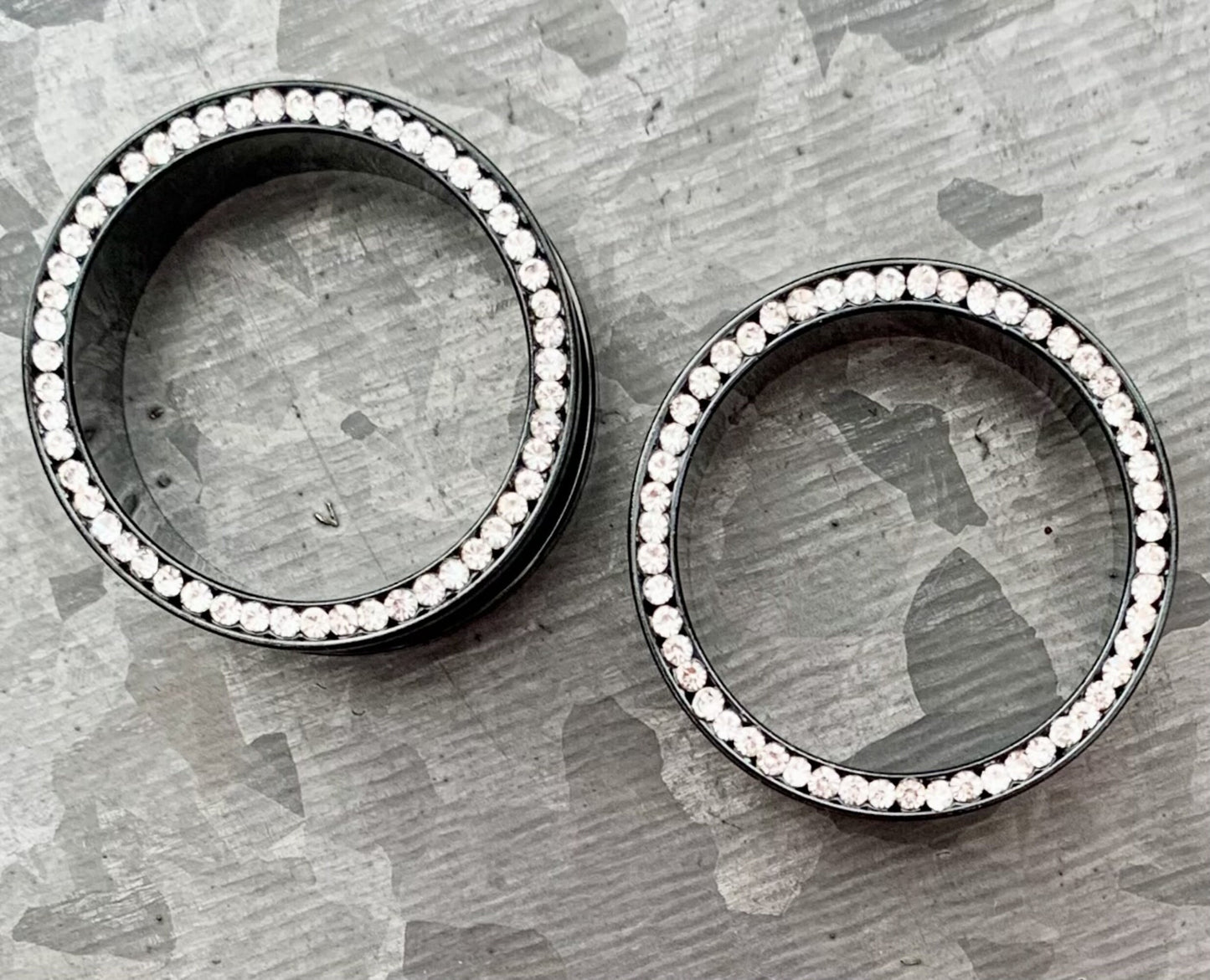 PAIR of Stunning CZ Gem Rimmed Screw Fit Black PVD Steel Tunnels - Gauges 10g (3mm) thru 1" (25mm) available!