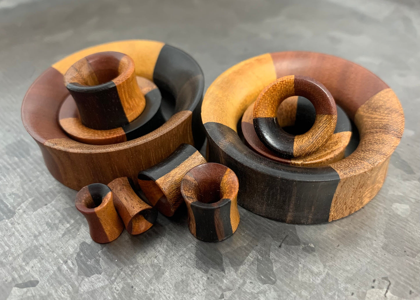 PAIR of Unique Organic Concave Sawo, Jackfruit, Areng, Teak Quarters Wood Tunnels - Gauges 1" (25mm) thru 2" (52mm) available!