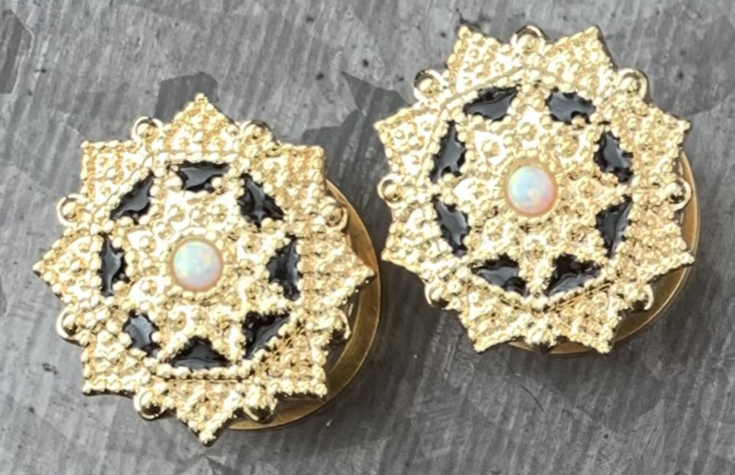 PAIR of Unique Opal Center Tribal Shield Top 14kt Gold Plated Steel Screw Fit Tunnels/Plugs - Gauges 8g (3mm) thru 5/8" (16mm) available!