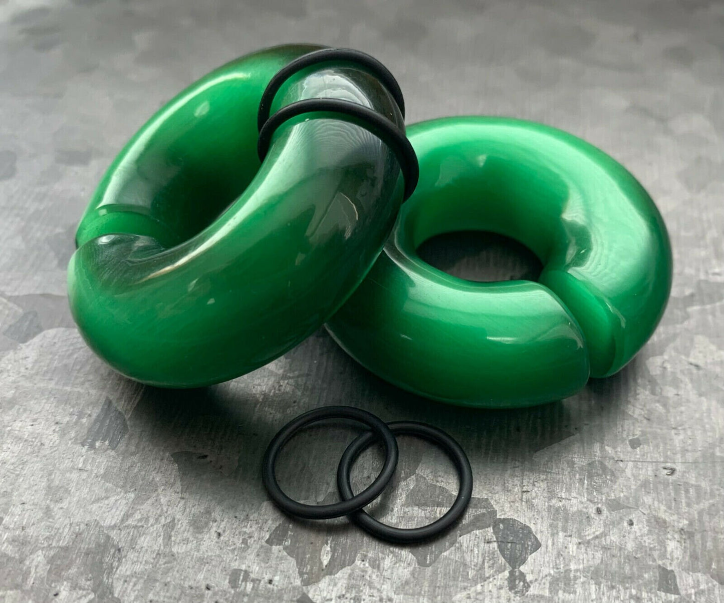 PAIR of Unique Deep Green Cat Eye Large Stone/Glass Hoops Ear Weight Hanging Plugs & O-rings - Gauges 4g (5mm) up to 5/8" (16mm) available!