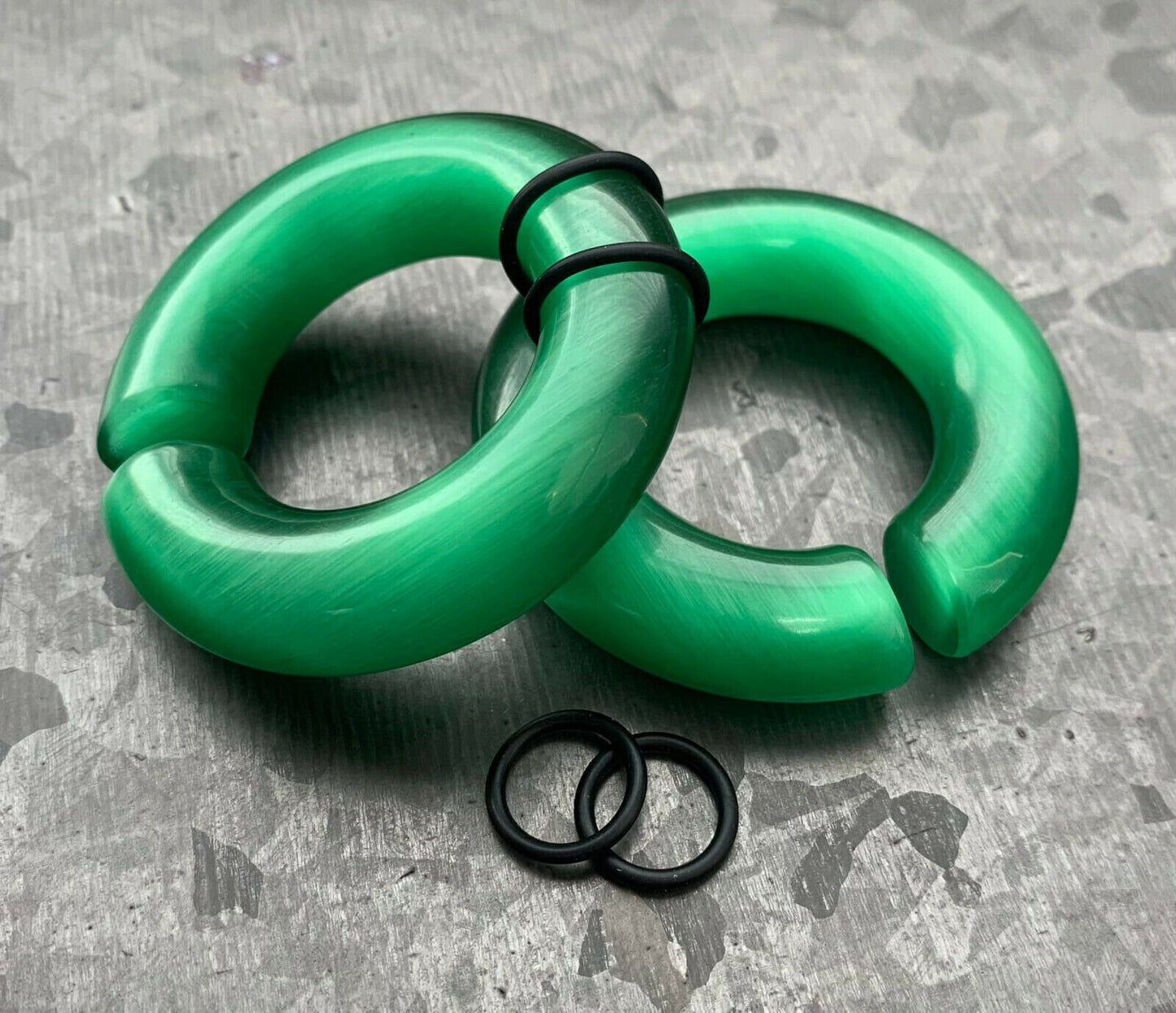 PAIR of Unique Deep Green Cat Eye Large Stone/Glass Hoops Ear Weight Hanging Plugs & O-rings - Gauges 4g (5mm) up to 5/8" (16mm) available!