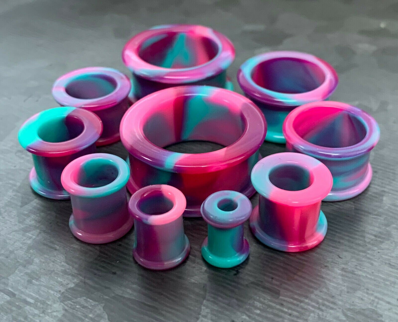 PAIR of Stunning Pink, Purple & Teal Swirl Galaxy Silicone Double Flare Tunnel/Plugs - Gauges 2g (6.5mm) up to 2" (50mm) available!