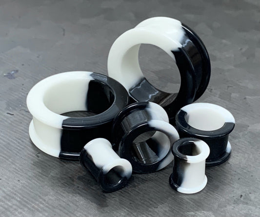 PAIR of Striking Half Black & White Silicone Double Flare Tunnel/Plugs - - Gauges 2g (6.5mm) up to 2" (50mm) available!