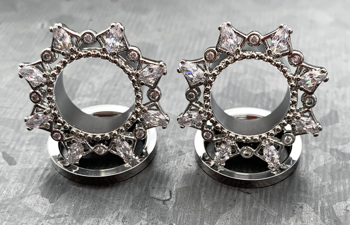 PAIR of Unique Marquise CZ Gem Filgree Steel Screw Fit Tunnels/Plugs - Gauges 2g (6mm) thru 5/8" (16mm) available!