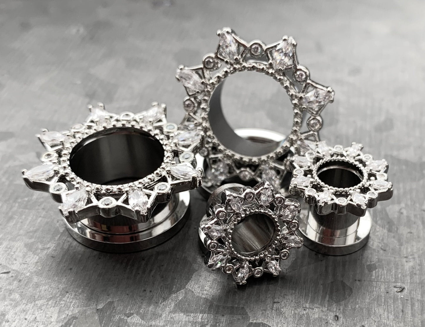 PAIR of Unique Marquise CZ Gem Filgree Steel Screw Fit Tunnels/Plugs - Gauges 2g (6mm) thru 5/8" (16mm) available!