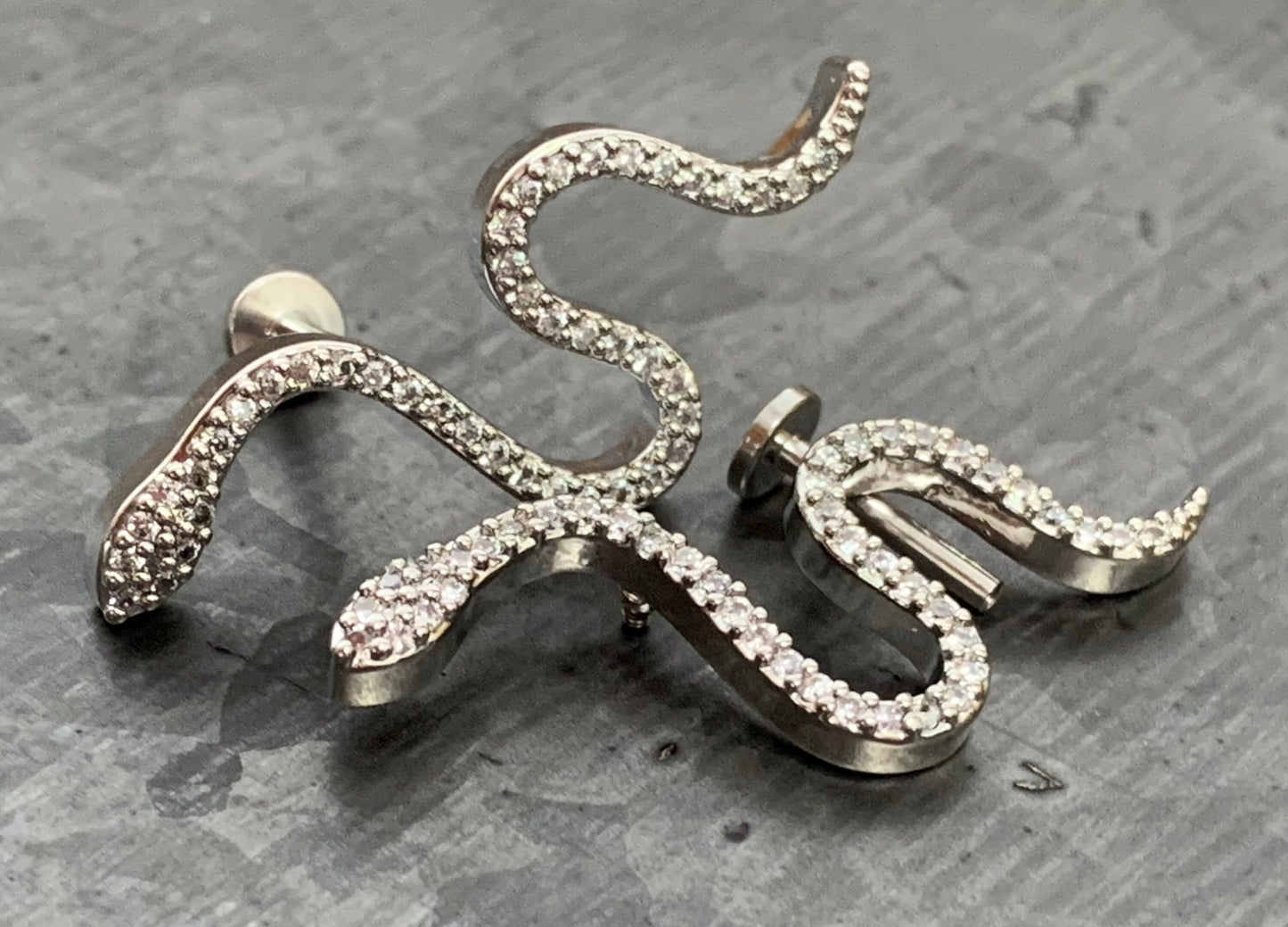 1 Piece Unique CZ Paved Steel Snake 16g Internally Threaded Labret - Sliver, Gold and Aurora Borealis available!