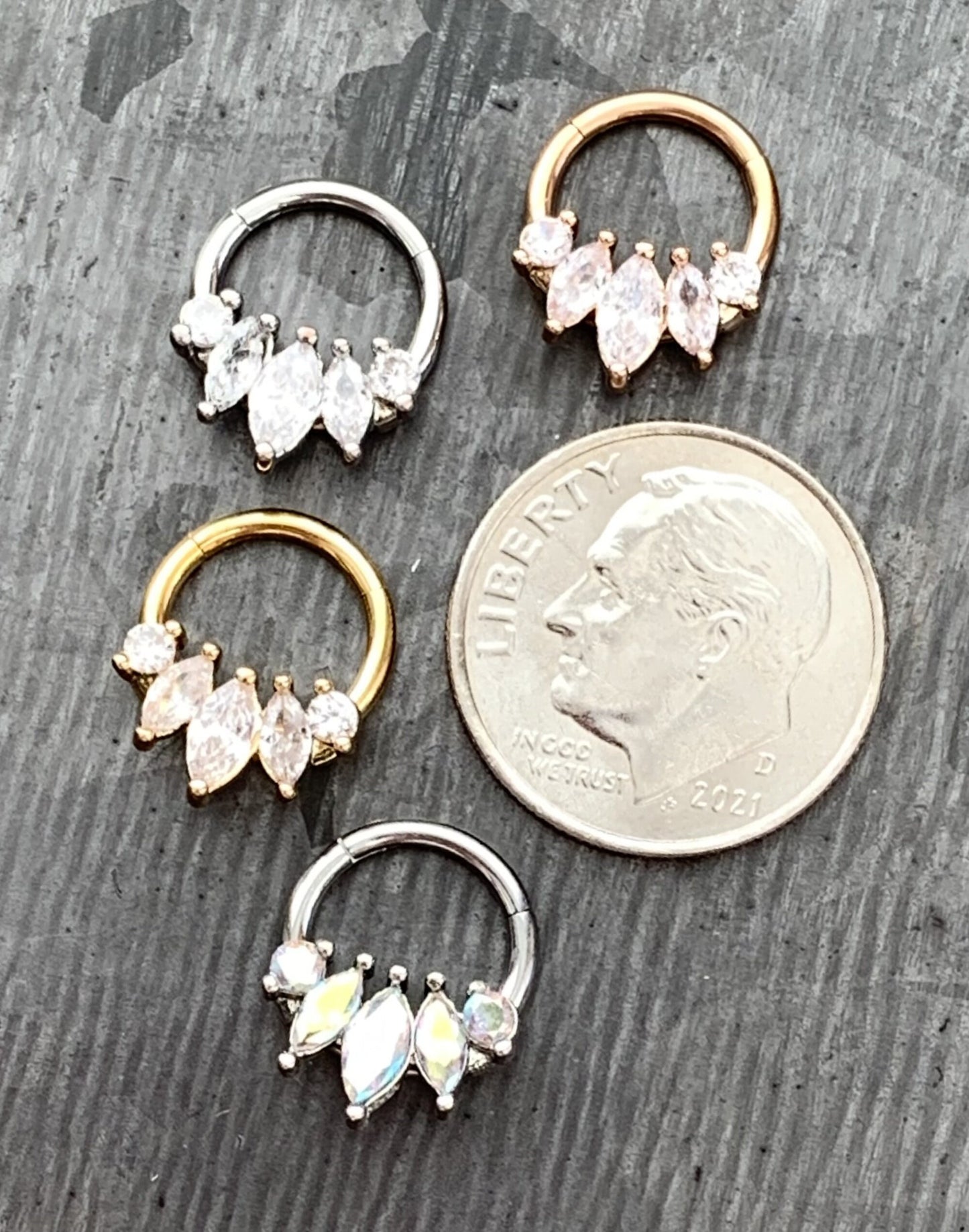 1 Piece of Stunning Five Marquise CZ Gem Hinged Septum Ring - 16g - 8mm Internal Diameter!