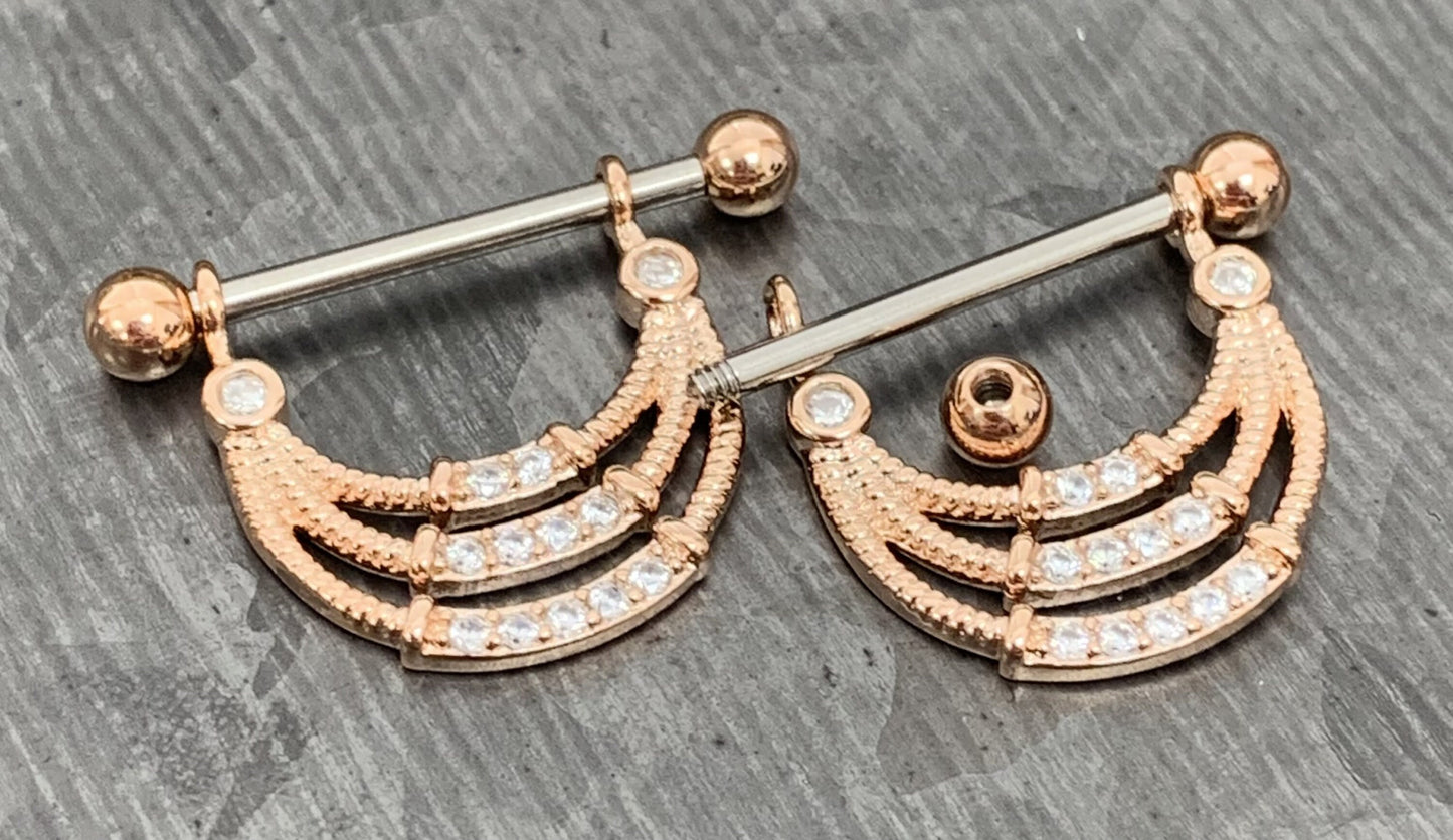 PAIR of Stunning Triple Lined CZ Gem Steel Nipple Barbells/Shields/Rings - 14g, 14mm wearable length in Silver, Gold & Rose Gold!