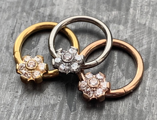1 Piece of Stunning Titanium CZ Gem Flower Hinged Segment Ring - 16g or 18g - 10mm or 8mm - Gold, Rose Gold & Silver Available!