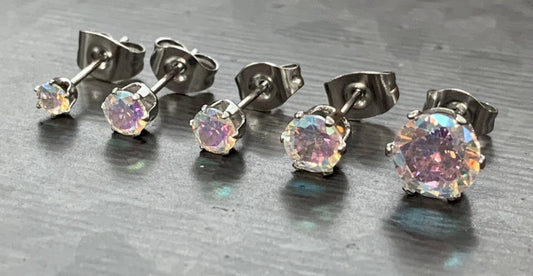 PAIR of Beautiful Hypoallergenic Prong Set Aurora Borealis CZ Gem 316L Surgical Steel Stud Earrings - 3mm thru 7mm Available!