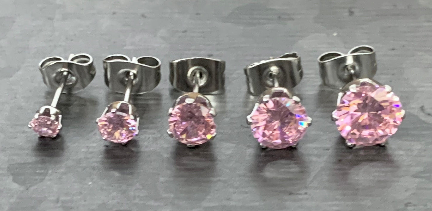 PAIR of Beautiful Hypoallergenic Prong Set Pink CZ Gem 316L Surgical Steel Stud Earrings - 3mm thru 7mm Available!