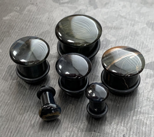 PAIR of Beautiful Blue Tiger Eye Single Flare Organic Stone Plugs with O-Rings - Gauges 4g (5mm) up to 5/8" (16mm) available!