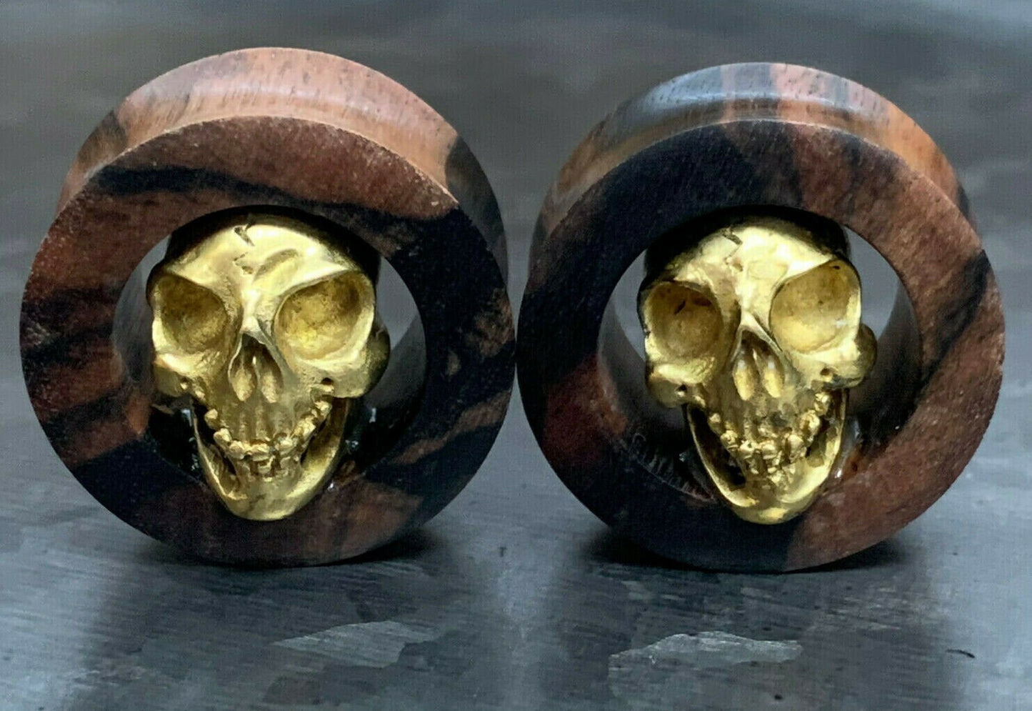 PAIR of Unique Brass Skull Organic Ebony Double Flare Wood Tunnels/Plugs - Gauges 2g (6mm) up to 1" (25mm) available!