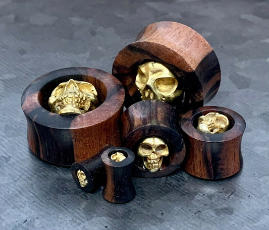 PAIR of Unique Brass Skull Organic Ebony Double Flare Wood Tunnels/Plugs - Gauges 2g (6mm) up to 1" (25mm) available!