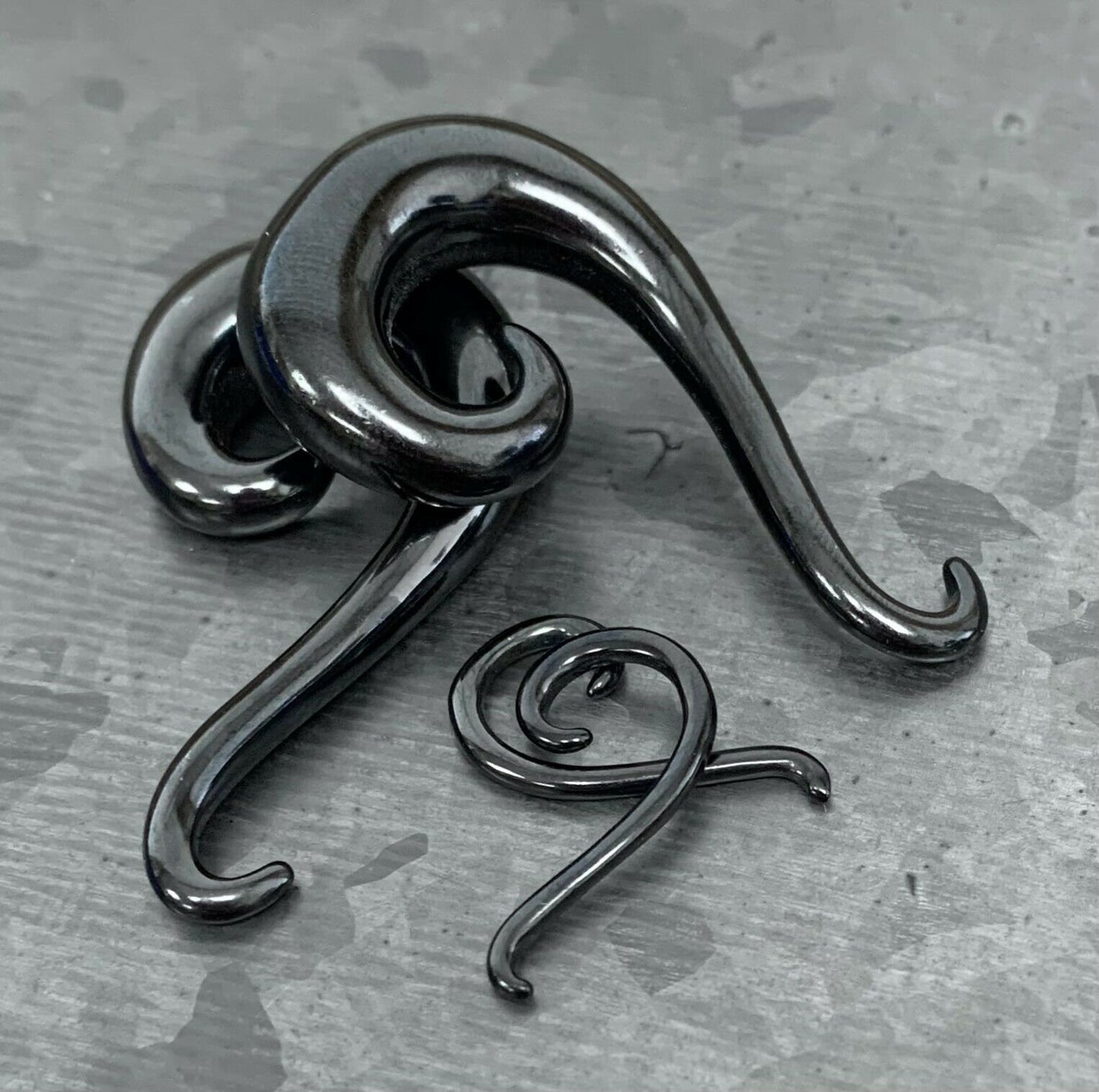 PAIR of Unique Black Swirl Hook Steel Spiral Tapers Gauges 14g (1.6mm) thru 2g (6mm) available!
