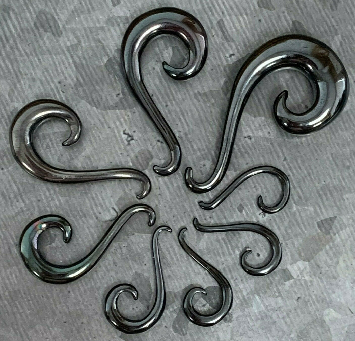 PAIR of Unique Black Swirl Hook Steel Spiral Tapers Gauges 14g (1.6mm) thru 2g (6mm) available!