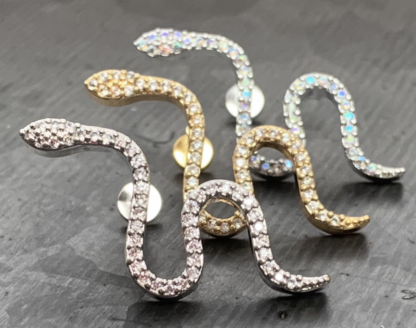 1 Piece Unique CZ Paved Steel Snake 16g Internally Threaded Labret - Sliver, Gold and Aurora Borealis available!
