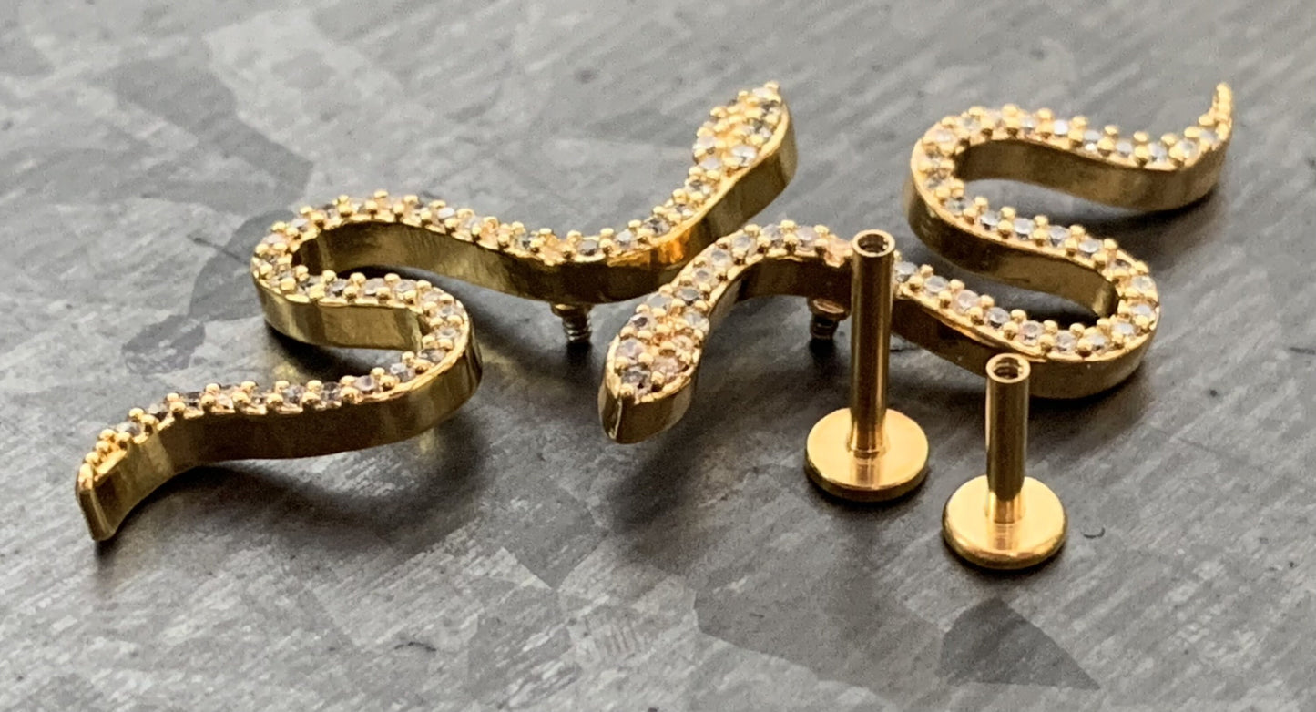 1 Piece Unique CZ Paved Steel Snake 16g Internally Threaded Labret - Sliver, Gold and Aurora Borealis available!