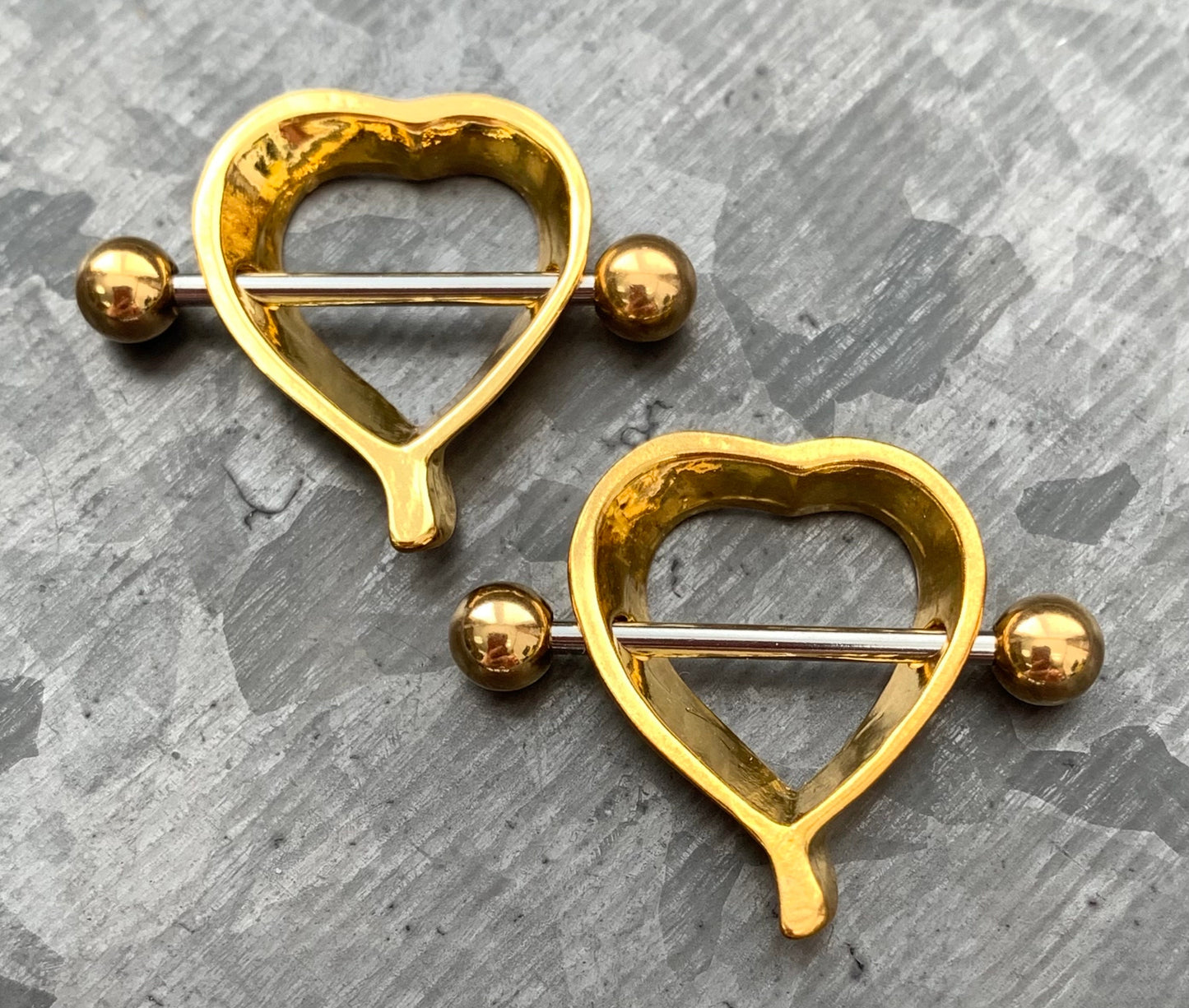 PAIR of Unique Artistic Heart Shaped Nipple Steel Barbells/Shields/Rings - 14g, 10mm wearable length in Silver, Gold & Black!