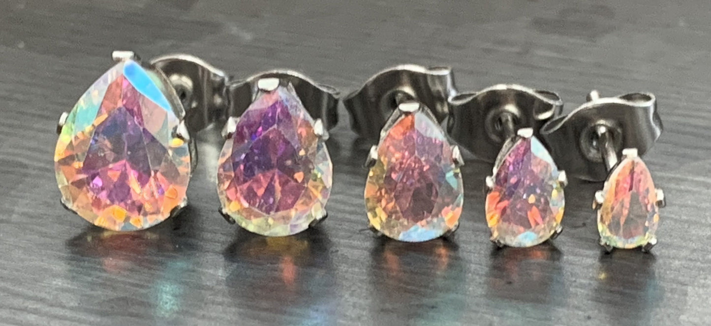 PAIR of Dazzling Hypoallergenic Aurora Borealis CZ Gem Teardrop Stud Earrings - 3mm, 4mm, 5mm, 6mm & 7mm Gem Size Available!